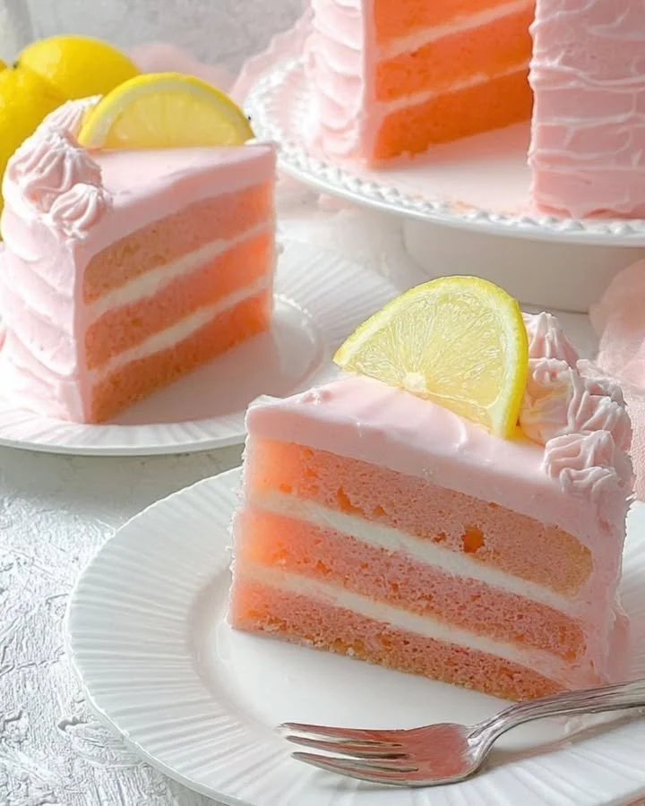 Delicious pink lemonade cake with fresh pink frosting and lemon slices on top