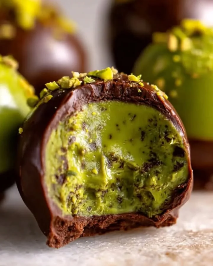 Homemade pistachio ganache truffles on a white plate