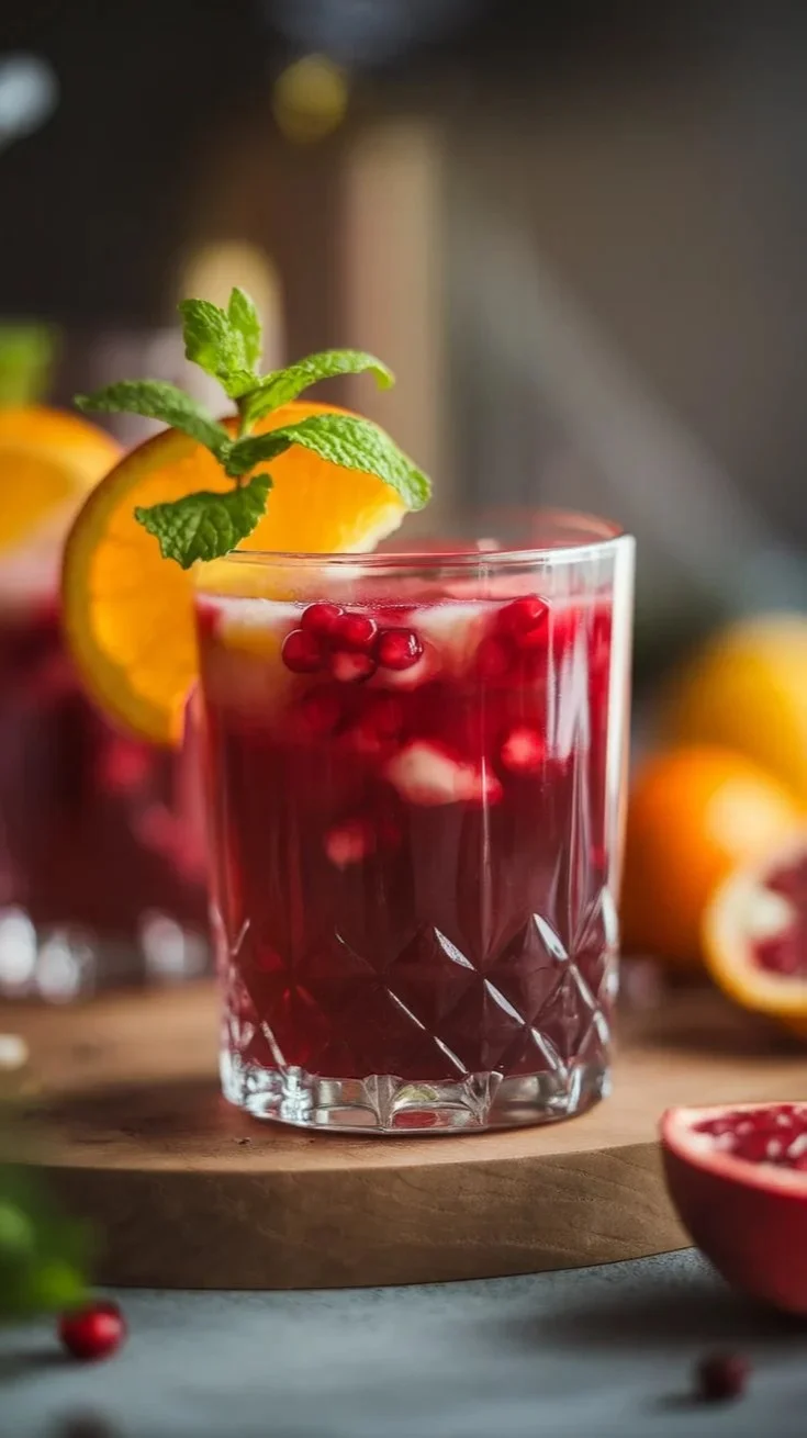 Refreshing Pomegranate Passion Fruit Punch Mocktail garnished with fresh fruit