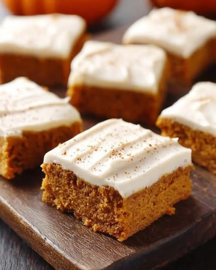 Delicious homemade pumpkin bars topped with cream cheese frosting