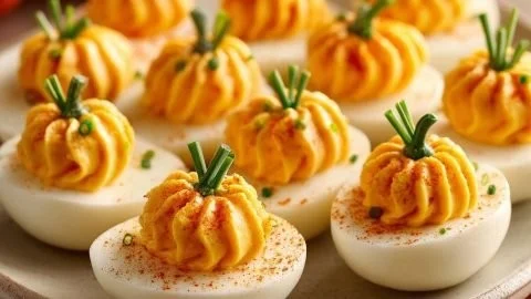 Pumpkin Patch Deviled Eggs served on a decorative plate