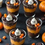 Delicious Pumpkin Patch Dirt Cups decorated with chocolate and candy