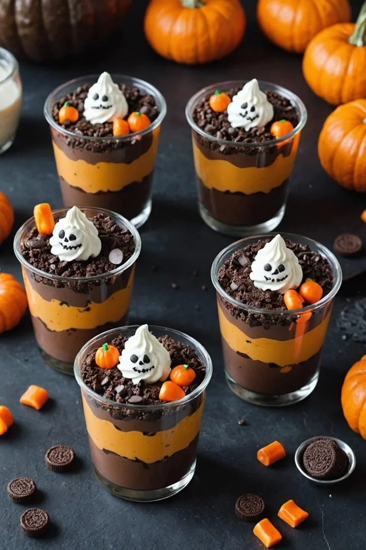 Delicious Pumpkin Patch Dirt Cups decorated with chocolate and candy