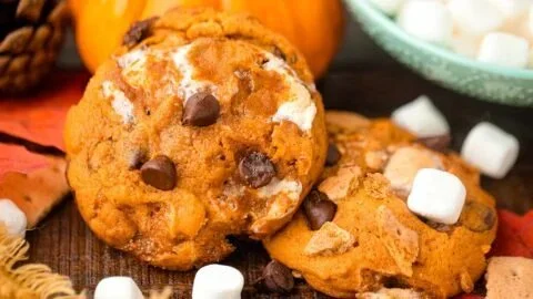 Delicious Pumpkin S'mores Cookies with chocolate and marshmallow topping.