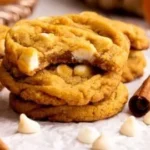 Delicious pumpkin white chocolate chip cookies on a baking tray