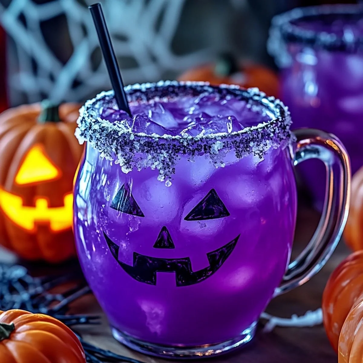 Purple Halloween Punch served in a spooky Halloween-themed glass.