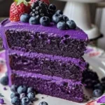 A slice of delicious purple velvet cake topped with cream cheese frosting.