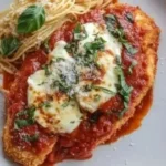 Quick and easy Chicken Parmesan served with pasta and fresh basil