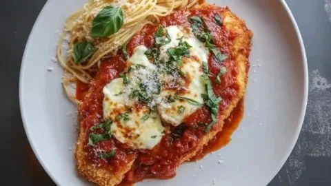 Quick and easy Chicken Parmesan served with pasta and fresh basil