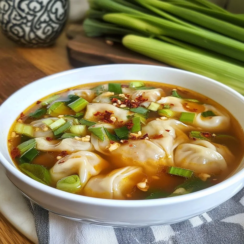 Bowl of quick and easy wonton soup with delicious dumplings and broth