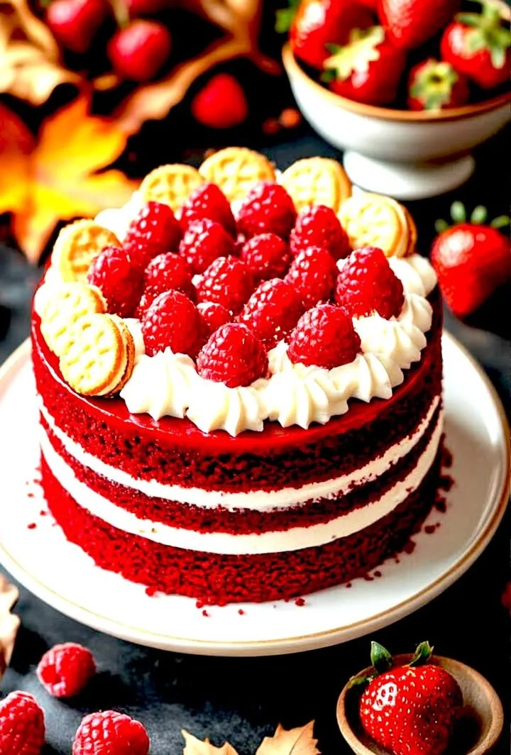 Delicious Red Velvet Raspberry Cake with vibrant layers and raspberry toppings