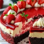Slice of Red Velvet Strawberry Cheesecake topped with fresh strawberries
