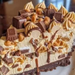 Delicious Reese's Peanut Butter Cup Cheesecake topped with chocolate and peanut butter