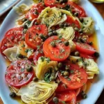 A vibrant Tomato and Artichoke Salad with Capers garnished with fresh herbs.