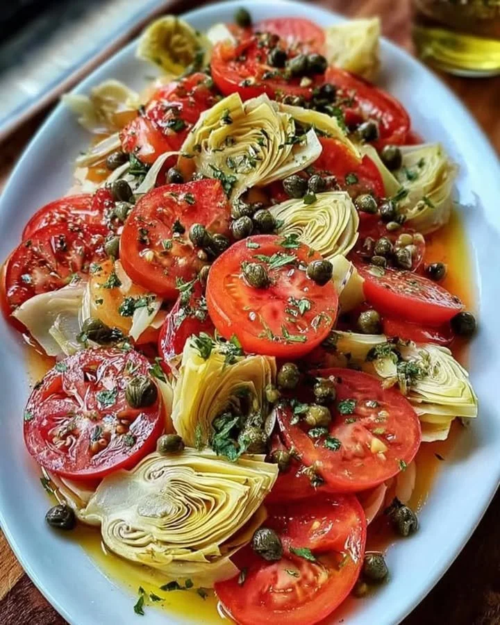 A vibrant Tomato and Artichoke Salad with Capers garnished with fresh herbs.