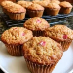 Rhubarb muffins with cinnamon and brown sugar on a rustic wooden table