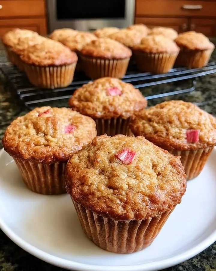 Rhubarb muffins with cinnamon and brown sugar on a rustic wooden table