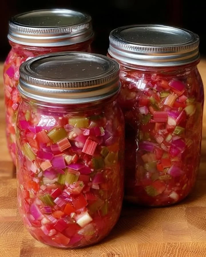 Delicious homemade rhubarb relish served in a jar