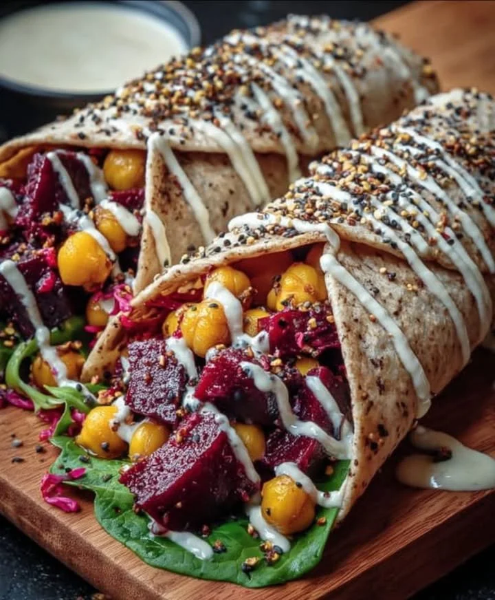 Roasted beet and chickpea wraps garnished with lemon tahini sauce