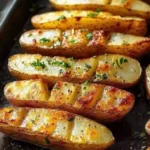 Baked Roasted Garlic Idaho Potatoes garnished with herbs.