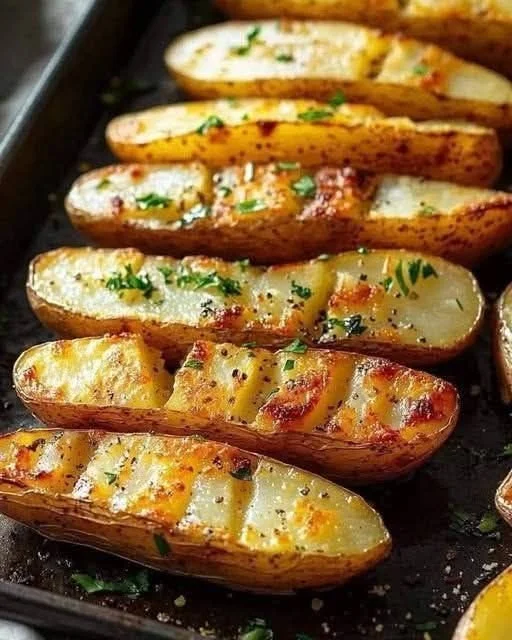 Baked Roasted Garlic Idaho Potatoes garnished with herbs.