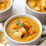 Bowl of roasted vegetable soup garnished with fresh herbs and vegetables