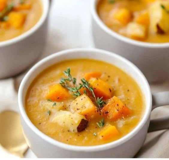 Bowl of roasted vegetable soup garnished with fresh herbs and vegetables