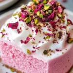 Delicious homemade rose milk cake topped with nuts and rose petals.