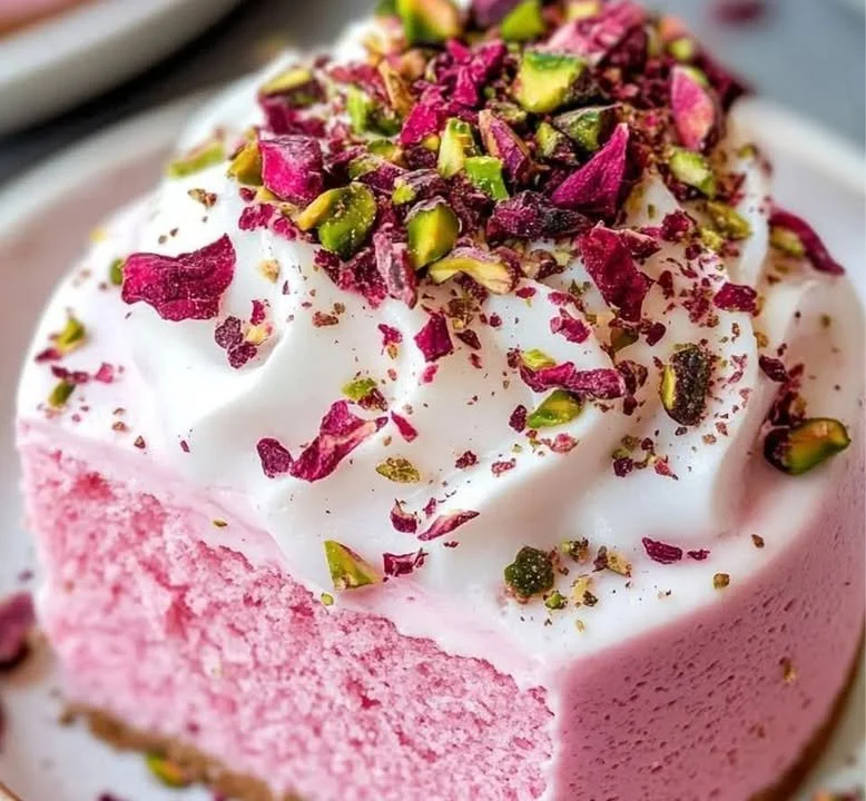Delicious homemade rose milk cake topped with nuts and rose petals.