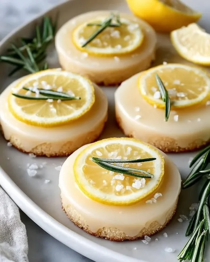 Rosemary-Lemon Shortbread cookies with a salted glaze on a decorative plate