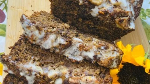 Rustic Tuscan banana bread with chocolate, hazelnuts, and espresso slice