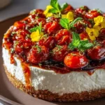 Savory cheesecake topped with roasted tomato jam and Parmesan crust on a plate