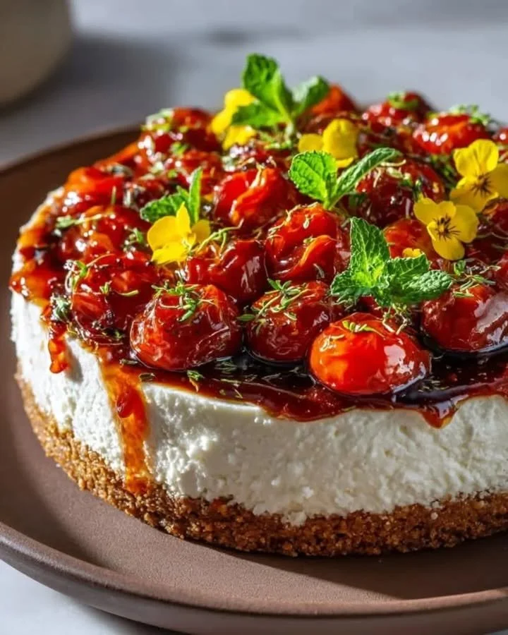 Savory cheesecake topped with roasted tomato jam and Parmesan crust on a plate