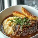 Savory French onion pot roast served with delicious caramelized onions and herbs