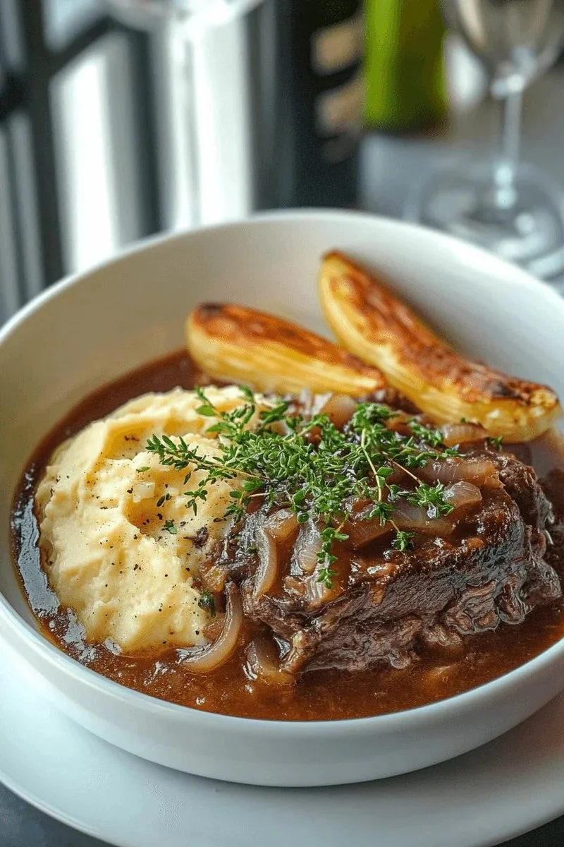 Savory French onion pot roast served with delicious caramelized onions and herbs