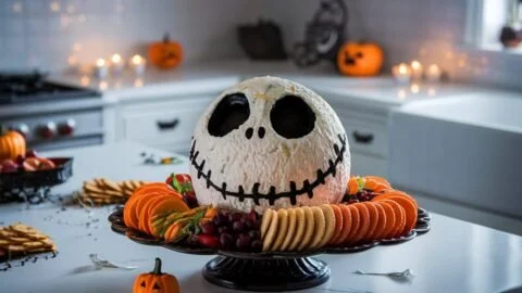 Skellington cheese ball appetizer on a serving platter decorated for Halloween