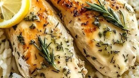 Slow cooker lemon herb chicken served with rice on a plate
