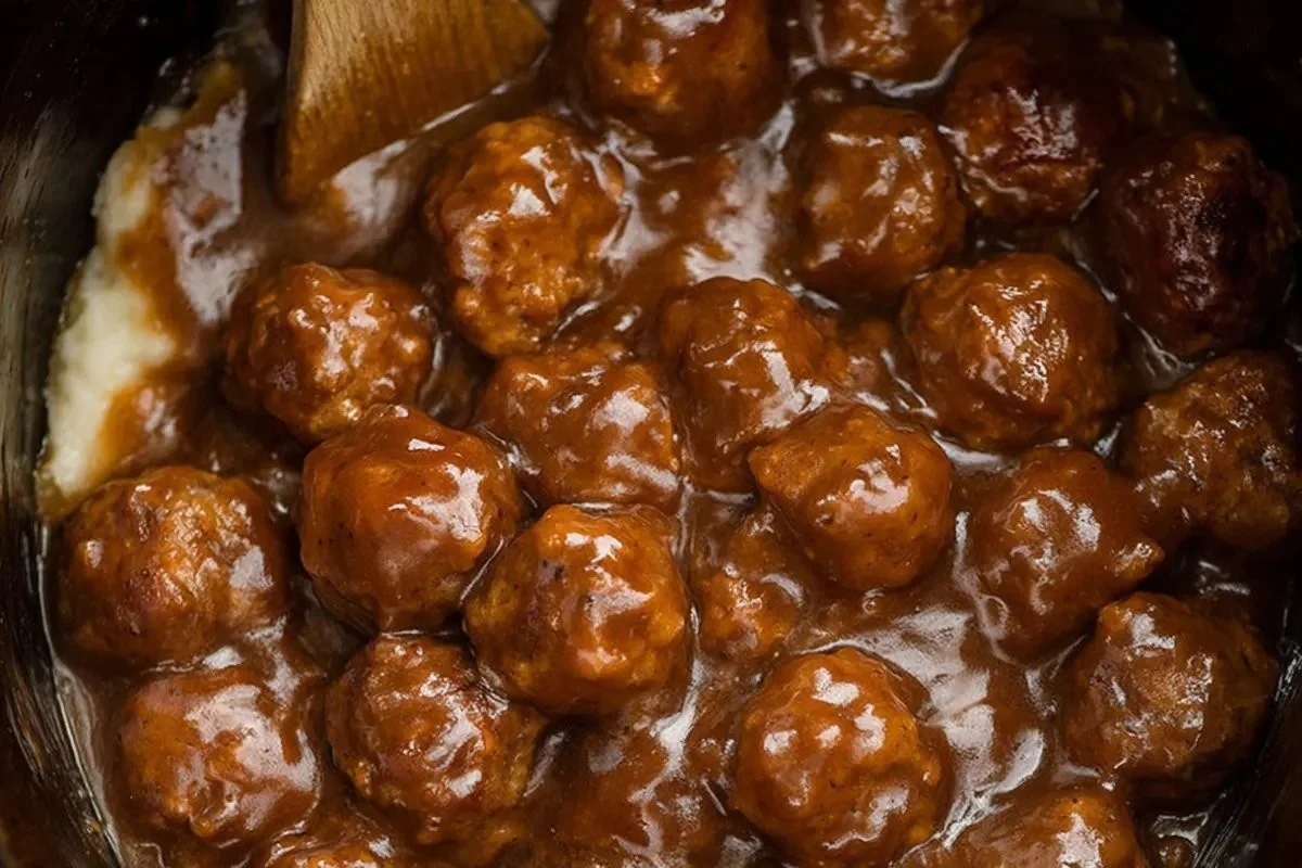 Delicious Slow Cooker Salisbury Steak Meatballs served with gravy and mashed potatoes.