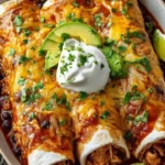 Delicious smothered baked chicken burritos ready to serve