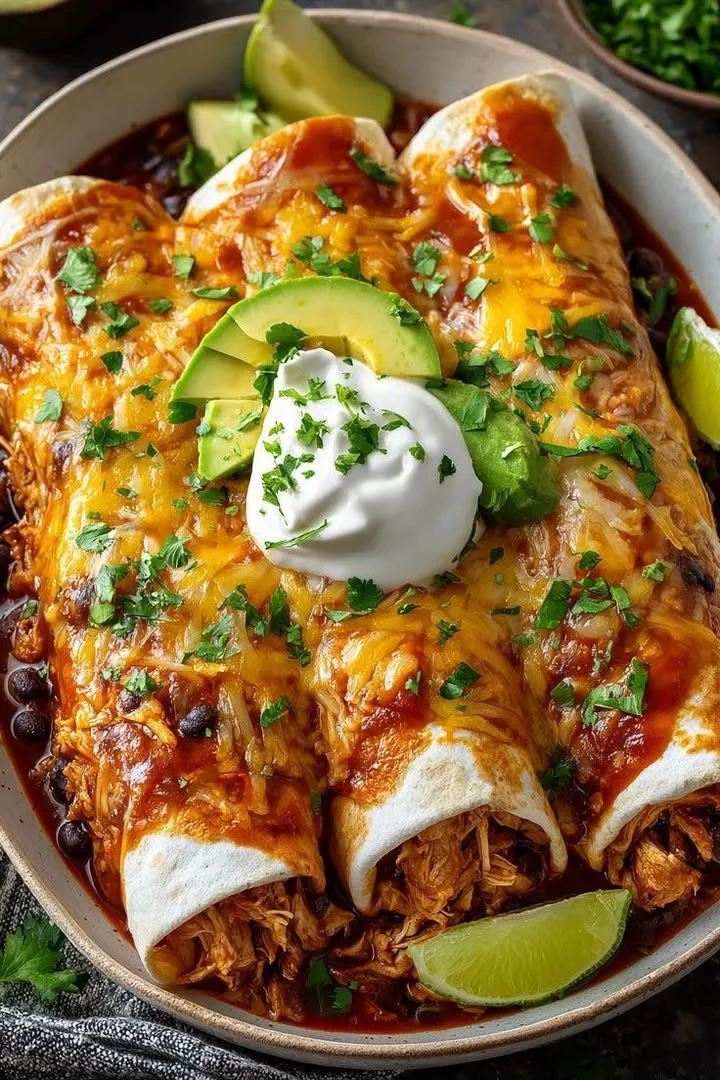 Delicious smothered baked chicken burritos ready to serve
