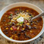 Bowl of hearty Southwest Black Bean Soup garnished with cilantro and lime