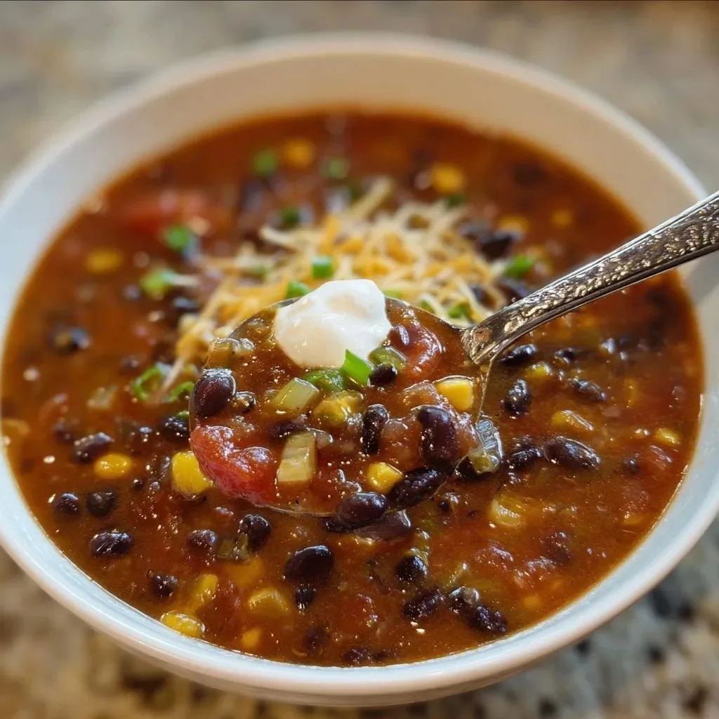 Bowl of hearty Southwest Black Bean Soup garnished with cilantro and lime