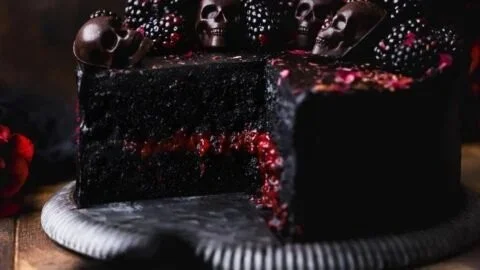 Spooky Black Velvet Halloween Cake decorated for Halloween celebrations