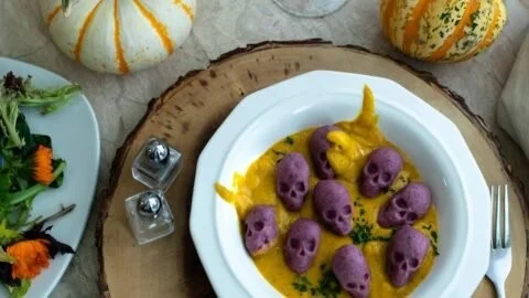 Spooky themed gnocchi dish for Halloween celebration