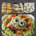 Plate of spooky Halloween appetizers including creepy snacks and festive treats.