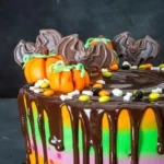 Spooky Halloween cake decorated with ghosts and pumpkins for festive celebrations.