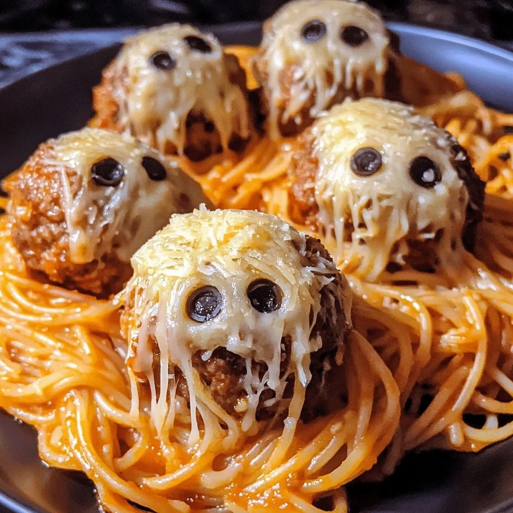 Spooky Spaghetti and Cheese Stuffed Meatballs presentation for Halloween