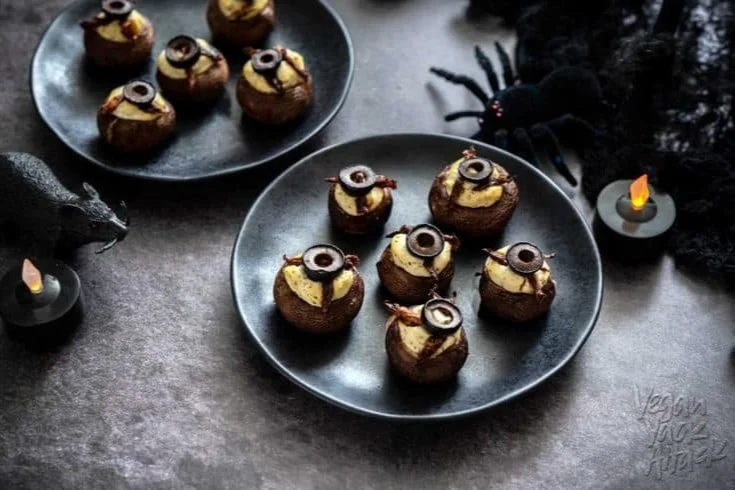 Halloween themed stuffed mushroom eyeballs appetizer