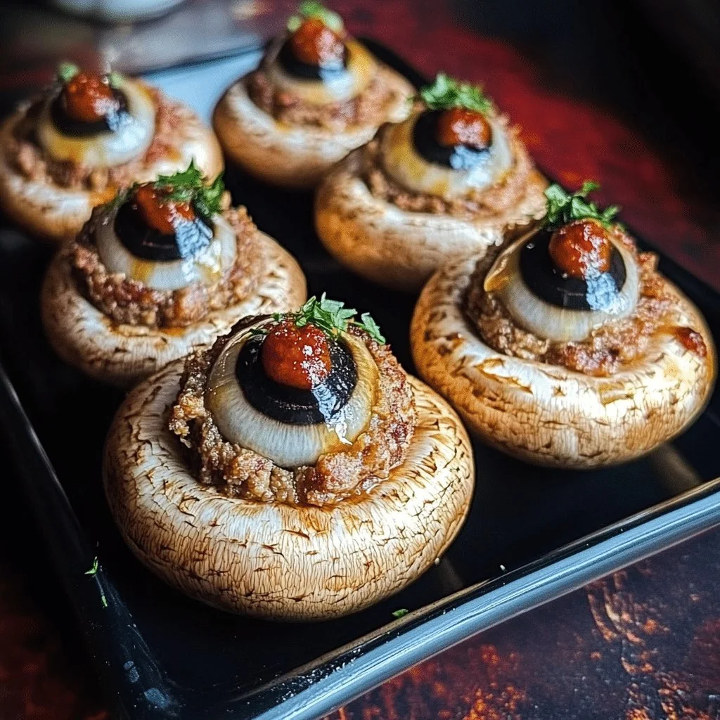 Stuffed mushroom eyeballs with cheese and olives for a festive Halloween appetizer
