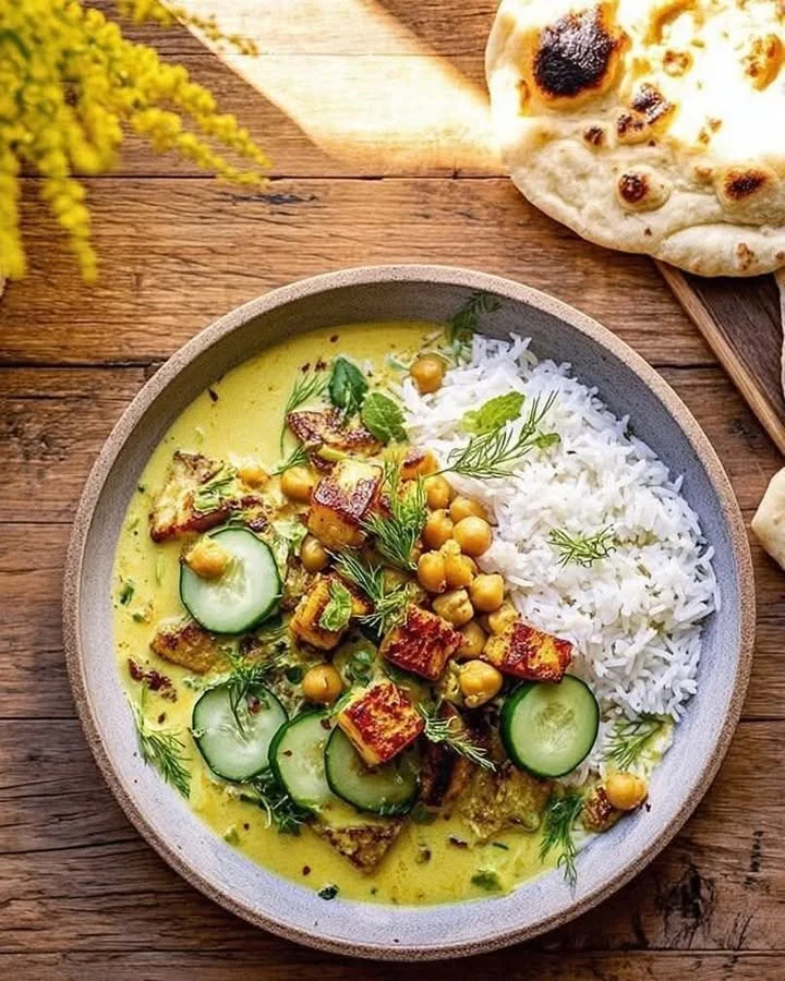 Bowl of summer coconut chickpea curry served with rice on a wooden table
